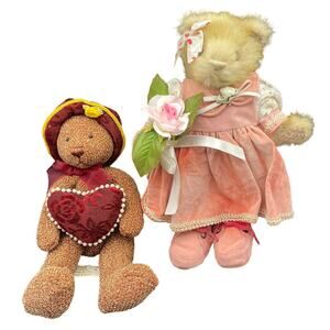 Vtg By Flowers Inc, Ballons plush bear in pink dress & another with red hat love